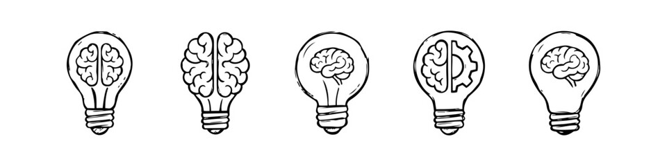 Set of hand-drawn light bulb and brain icons representing innovation, creative thinking, logic, and brainstorming. Sketch style concept for ideas, psychology, and engineering. © Nort Kor