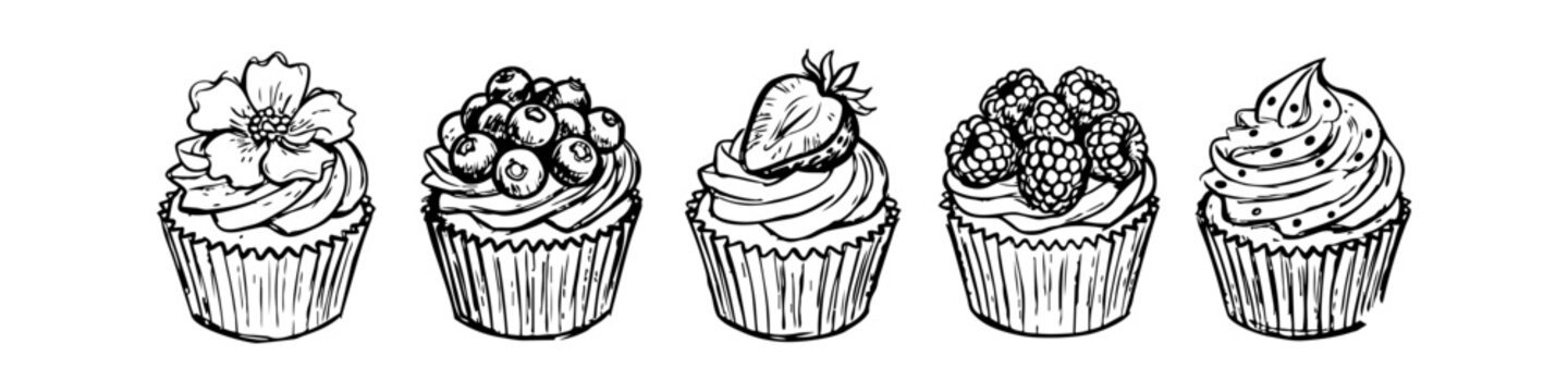 Hand-drawn sketches of five decorative cupcakes with berry and floral toppings. Minimalist black and white line art isolated on white background, perfect for bakery menus and coloring pages.