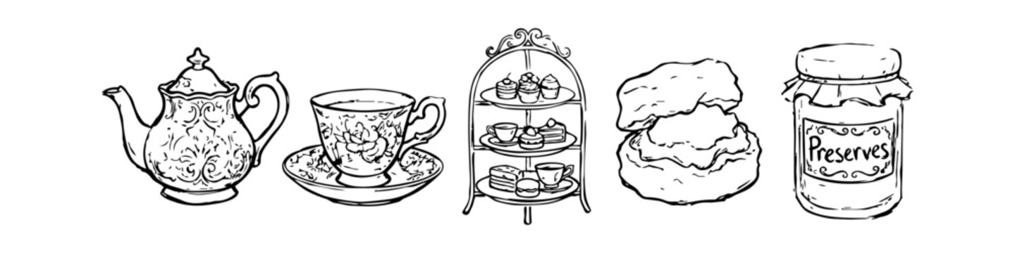 Elegant hand-drawn line art collection of afternoon tea essentials including a vintage teapot, floral teacup, tiered cake stand with sweets, a scone with cream, and a jar of preserves.