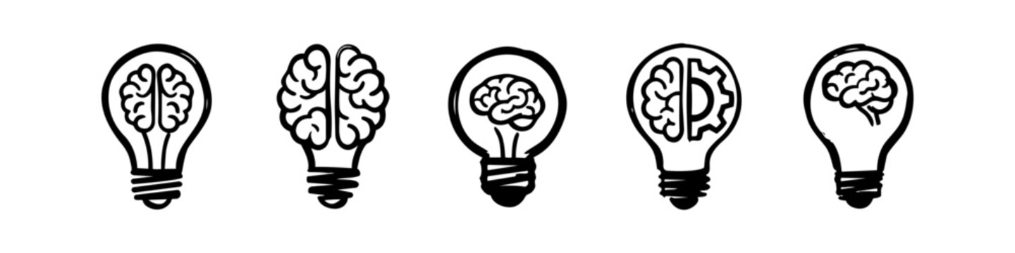 Set of hand-drawn lightbulb icons with brain and gear symbols representing creativity, innovation, intelligence, and business ideas. Minimalist black ink doodle style on white background.