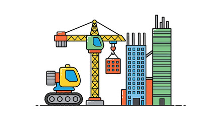 Obraz premium Vibrant cartoon-style construction site with central yellow crane and diverse buildings in colorful vector illustration