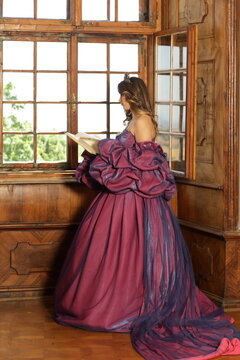 Royal Princess in Purple Gown Reading Book by Historical Window