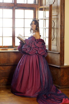 Regal Princess in Purple Ballgown Reading by Sunlit Historical Window