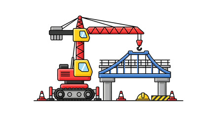 Fototapeta premium Dynamic cartoon-style construction vector illustration displaying red yellow crane, blue bridge framework with gray supports, orange traffic cones, yellow hard hats on flat industrial site