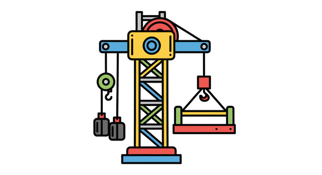 Vibrant Cartoon Crane Construction Equipment Vector Illustration - Lifting Load with Boom, Counterweights, and Rigging on Industrial Site, 2D Design, Frontal View