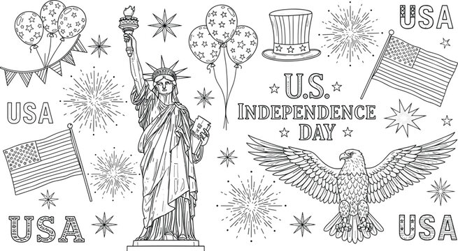 USA Independence Day celebration set with Statue of Liberty American flag bald eagle fireworks and patriotic party balloons illustration.