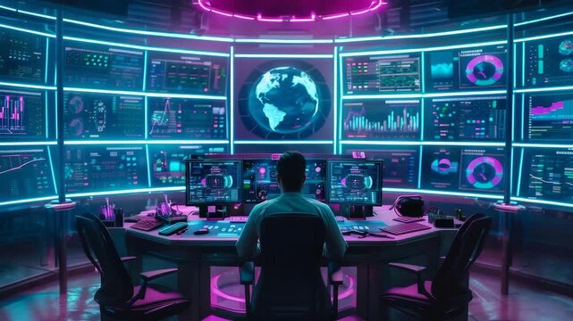 Male analyst monitoring global data in a futuristic cyberpunk control room