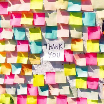 Vibrant wall of gratitude with colorful sticky notes and a thank you message