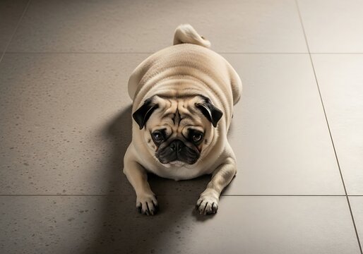 Top Down View of an Overweight Pug Lying on Tile Floor. Generative Ai