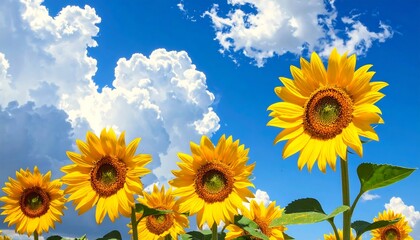 Fototapeta premium Radiant sunflowers in a field under a bright blue sky with fluffy white clouds