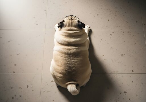 Top Down View of an Overweight Pug Lying on Tile Floor. Generative Ai