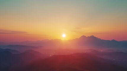 Obraz premium A sunrise over mountains and a city in the distant distance, a transition that is both influenced and reversed, hope that is grounded without softness, stillness, clarity, premium cinematic