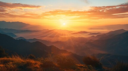 A dazzling sunrise over mountains and a city in the distant, a transition that transitions between pressure and change, grounded hope that has no softness, stillness, clarity