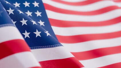 Fototapeta premium Vibrant close-up of a majestic national flag, showcasing its iconic red, white, and blue colors with distinct stars and flowing stripes, embodying freedom, unity, and national pride