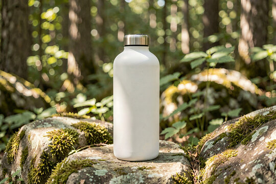 Minimalist White Water Bottle on Mossy Forest Rock - Sustainable Hydration