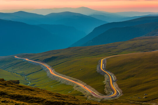 Transalpina road. Transalpina is one of the highest roads passing the Carpathians in Romania. Layers of haze cover the mountains peaks at dusk, while cars leave long exposure trails on the road.