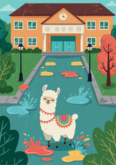Fototapeta premium Pixel Art Llama Enjoys Rainy Day Splashing in Puddles Outside School Building