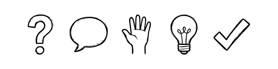 Fototapeta premium Set of minimalist hand-drawn doodle icons: question mark, speech bubble, hand, light bulb, and check mark. Black line art on white background for business, education, and creative brainstorming.