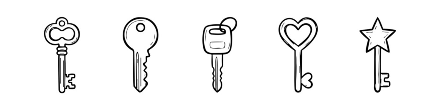 Set of five hand-drawn key illustrations in a simple black and white line art style, featuring vintage, modern, car, heart-shaped, and star-shaped keys isolated on a white background.