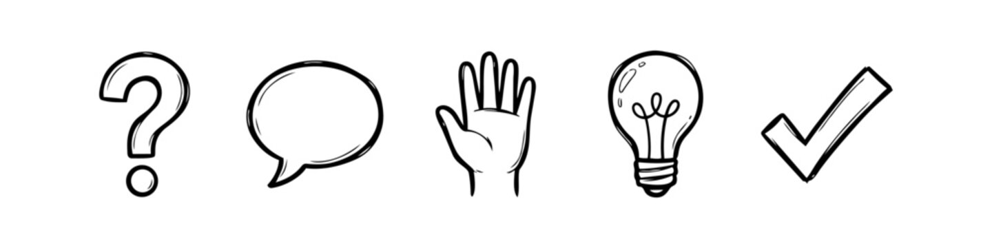 Collection of hand-drawn icons including question mark, speech bubble, open hand, light bulb, and check mark. Ideal for business communication, creative ideas, and problem-solving concepts.