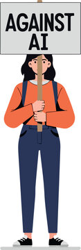 Protestor Holding Sign Against AI Minimalist Vector Illustration