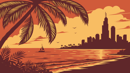 Naklejka premium Tropical Beach Sunset View Over City Skyline with Palm Tree Foreground Silhouette Vacation Scene miami skyline vector