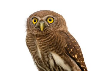 Fototapeta premium Close-up of a small brown owl with bright yellow eyes, looking directly at the camera, isolated on transparent background, detailed bird portrait PNG