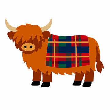 Scottish Highland Cow with Tartan Blanket in Flat Vector Illustration