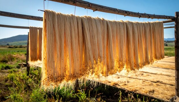 Abundant golden raw flax fibers drying in sunlight on racks in a rural outdoor setting