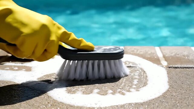 Essential close-up view of a hand wearing a bright yellow protective glove vigorously scrubbing dirty pool coping tile using a stiff-bristled cleaning brush with white foam lather.