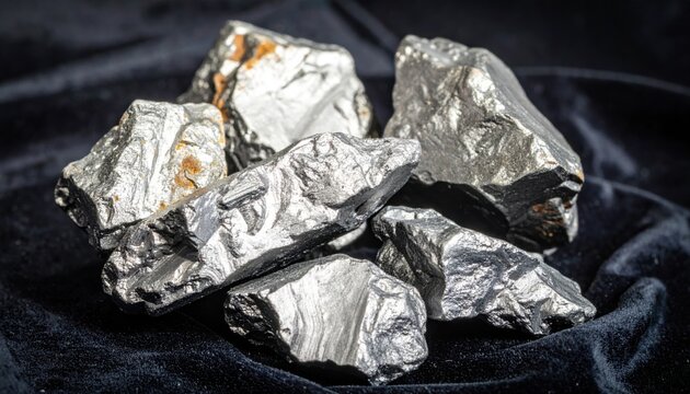 Raw, lustrous pieces of native silver ore, unworked and irregularly shaped, clustered together on a dark surface, showcasing its natural metallic beauty.