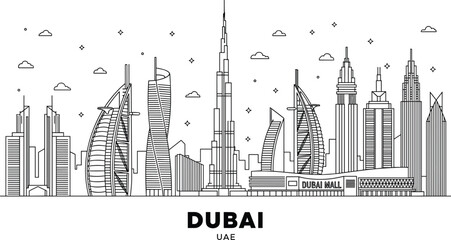 Obraz premium Dubai United Arab Emirates city skyline line art illustration featuring Burj Khalifa Burj Al Arab and famous landmarks.