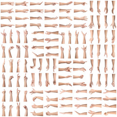 Left-handed men showing gestures on white background, closeup. Collection of male hands