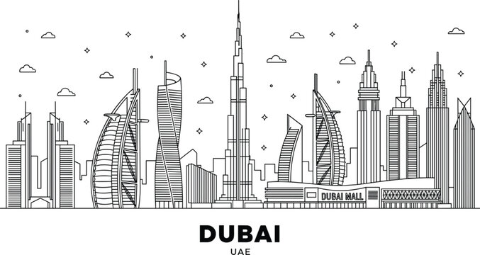 Dubai United Arab Emirates city skyline line art illustration featuring Burj Khalifa Burj Al Arab and famous landmarks.
