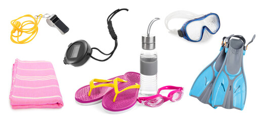 Set of objects for swimming lesson isolated on white © New Africa
