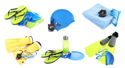 Set of objects for swimming lesson isolated on white © New Africa