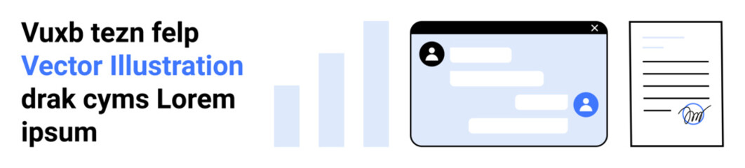 Fototapeta premium Business communication, document management, data analytics, teamwork tools, automation, virtual workspace. Chat interface with speech bubbles, bar graph document icon. Business communication