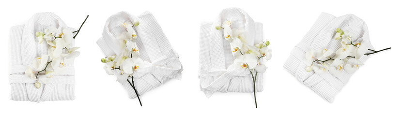 Clean folded bathrobes and orchid flowers on white background, collage. Top view