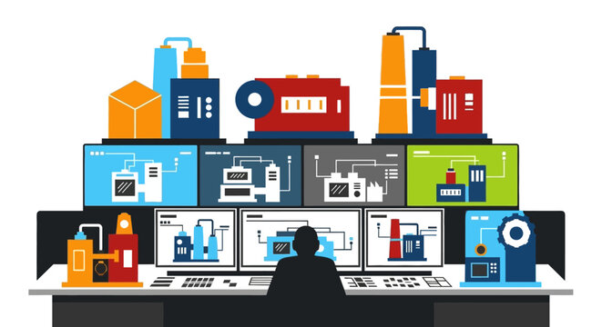 A control room operator monitors multiple screens displaying industrial processes and machinery in a modern factory setting.