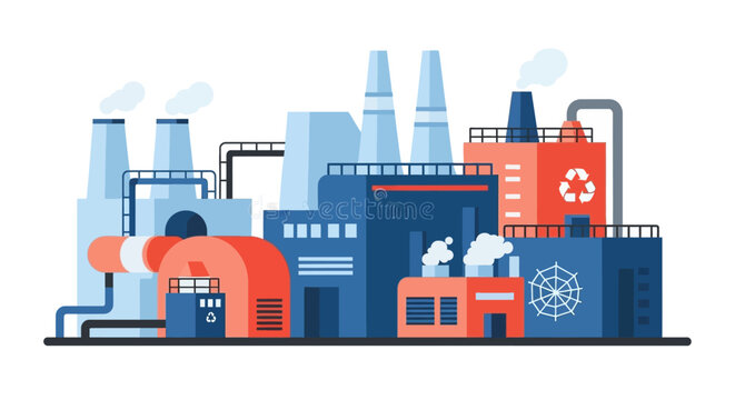 A vibrant flat illustration of a modern industrial factory complex with multiple buildings, smokestacks, and pipes, symbolizing manufacturing and production.