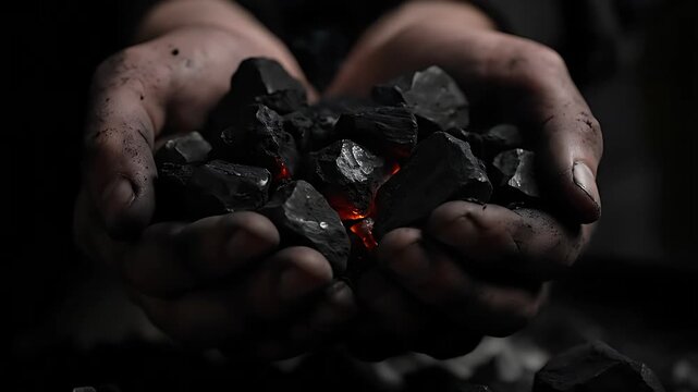 Close up of dirty hands carefully cupping glowing hot pieces of black bituminous coal suggesting energy resource mining and industrial power generation concepts in darkness.