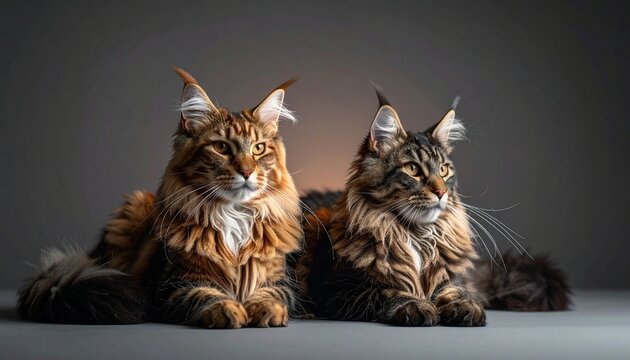 Two Maine Coon cats in far left corner with large copy space on warm gray background