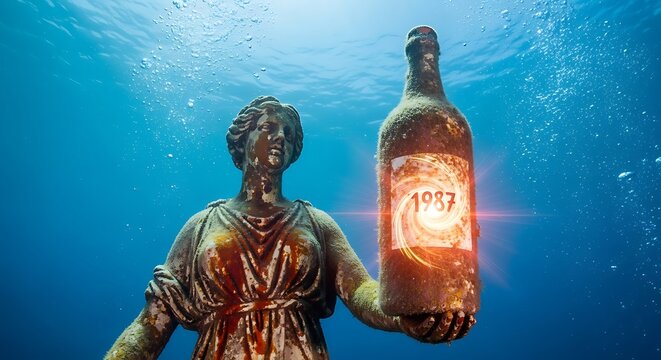 Statue of a woman submerged, holding a vintage bottle. Underwater setting with a 1987 label