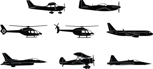 Collection, of, aircraft, silhouettes, including, airplane, jet, helicopter, biplane, and, transport, aviation, vehicles, isolated, on, white, background, vector, illustration, set