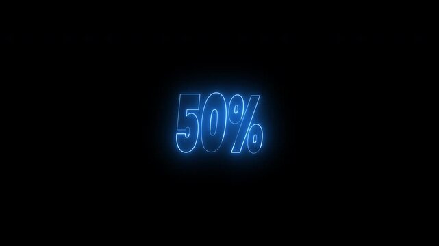 Neon blue glowing fifty and sixty percent text animation. 4k animated typography symbol is perfect for finance or business concepts, discount offers, and futuristic designs.
