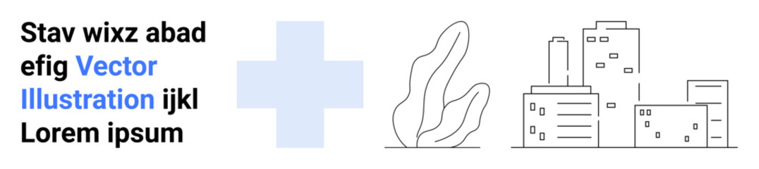 Fototapeta premium Healthcare, urban planning, sustainability, architectural design, medical innovation, public infrastructure. Blue cross, plant city buildings in minimal style. Healthcare and urban planning concept