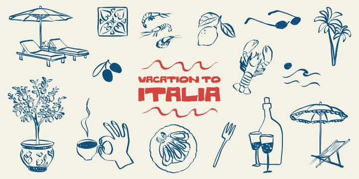 Beach doodle set featuring summer icons: sea waves, palm trees, lemons, wine and Italian coastal sketches perfect for vintage travel postcards and Mediterranean designs. Trendy vector illustration