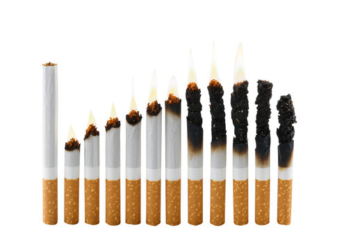 Detailed sequence of ten burning cigarettes, showing various stages from unlit to fully consumed, isolated on transparent background, symbolizing addiction and health risks