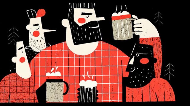 Bearded Men Celebrating Friendship and Craft Beer in Cartoon Style Vector Art with a Festive Forest Background