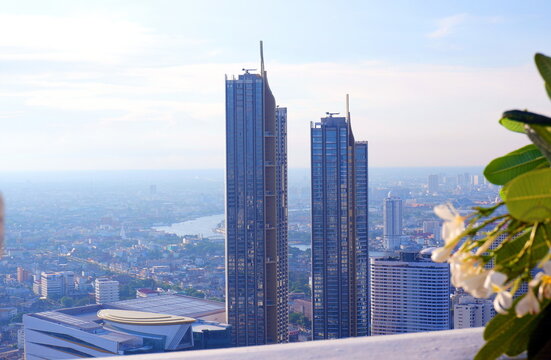 Modern Bangkok City Skyline and Chao Phraya River with Luxury Skyscrapers and Iconic Landmarks